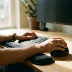 Handen in natuurlijke positie op ergonomisch toetsenbord en muis, polsen zwevend boven gelpad in kantooromgeving