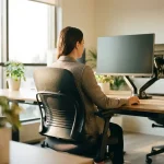 Kantoormedewerker toont perfecte houding aan ergonomisch bureau met verstelbare monitor op ooghoogte en ondersteunende stoel