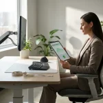 Kantoorwerker met perfecte houding aan ergonomische werkplek, gebruikt tablet voor houdingsdata bij natuurlijk licht