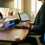 Kantoormedewerker aan ergonomisch bureau met sensoren, tablet met houdingsanalyse en blauwe LED-verlichting