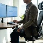 Kantoormedewerker met correcte houding aan ergonomische werkplek, houdt gewicht vast bij bureau met dubbele monitor