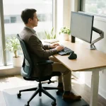 Kantoormedewerker met perfecte houding aan ergonomisch bureau met verstelbare monitor en natuurlijk daglicht