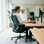Kantoormedewerker aan ergonomische werkplek met verstelbare monitor, ondersteunende bureaustoel en natuurlijk daglicht
