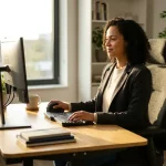 Professionele kantoormedewerker met perfecte houding aan ergonomische werkplek met verstelbare monitor en ondersteunende bureaustoel