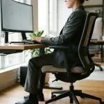 Kantoormedewerker toont perfecte houding aan ergonomisch bureau met rechte rug en voeten plat op de vloer