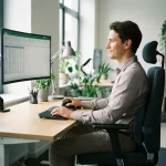 Kantoormedewerker met goede houding aan ergonomische werkplek met verstelbaar beeldscherm en ondersteunende bureaustoel