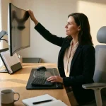 Kantoormedewerker past monitorhoogte aan aan ergonomische werkplek met juiste houding en natuurlijk licht