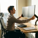 Kantoormedewerker past monitorhoogte aan op ergonomische werkplek met risicobeoordelingsformulieren op bureau