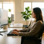 Kantoormedewerker met goede houding aan ergonomische werkplek met verstelbare stoel en monitor op ooghoogte