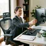 Kantoormedewerker past monitorhoogte aan op ergonomische werkplek met verstelbare stoel en dubbele schermen op ooghoogte