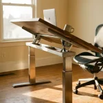 Moderne in hoogte verstelbare bureau tijdens overgang van zit- naar stahouding, met laptop en koffie, natuurlijk licht