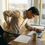 Kantoormedewerker met slechte houding achter laptop, hand op onderrug vanwege pijn, ergonomische checklist op bureau