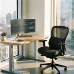 Moderne kantoorwerkplek met ergonomische stoel, verstelbaar bureau, ultrawide monitor en natuurlijk licht door ramen