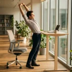 Kantoorwerker staat bij verstelbaar zit-sta bureau met laptop, strekt armen uit in moderne werkruimte met natuurlijk licht