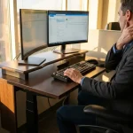 Kantoormedewerker met nekpijn aan ergonomisch bureau met dubbele monitoren en mechanisch toetsenbord