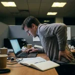 Persoon met slechte houding achter laptop wrijft over pijnlijke onderrug op rommelig kantoorbureau