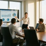 Professionele zakenvrouw presenteert financieel rapport aan collega's rond moderne vergadertafel in kantoor